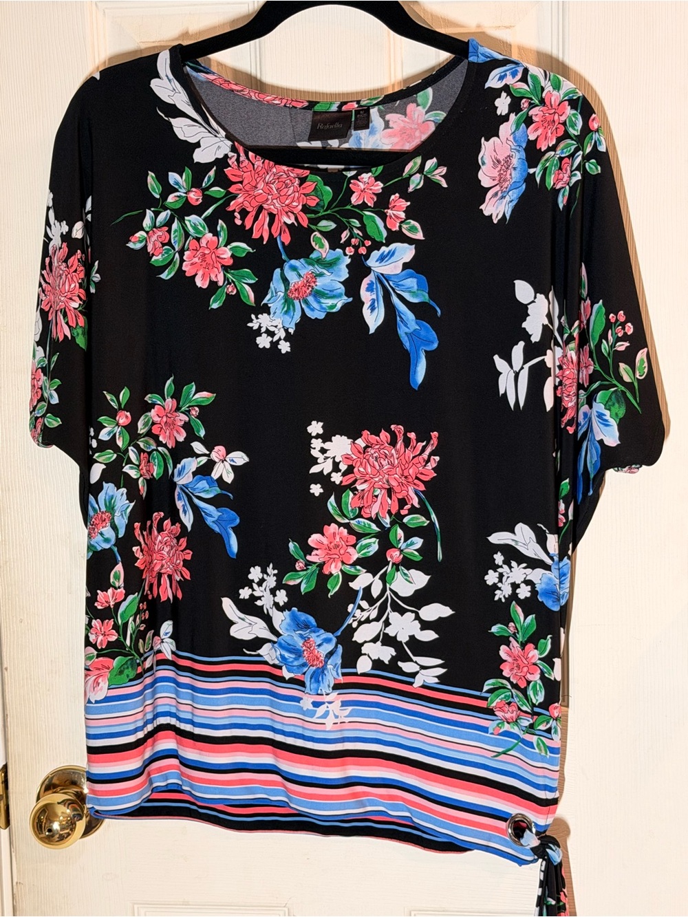 Rafaella Black Floral Tunic with Pink & Blue Accents